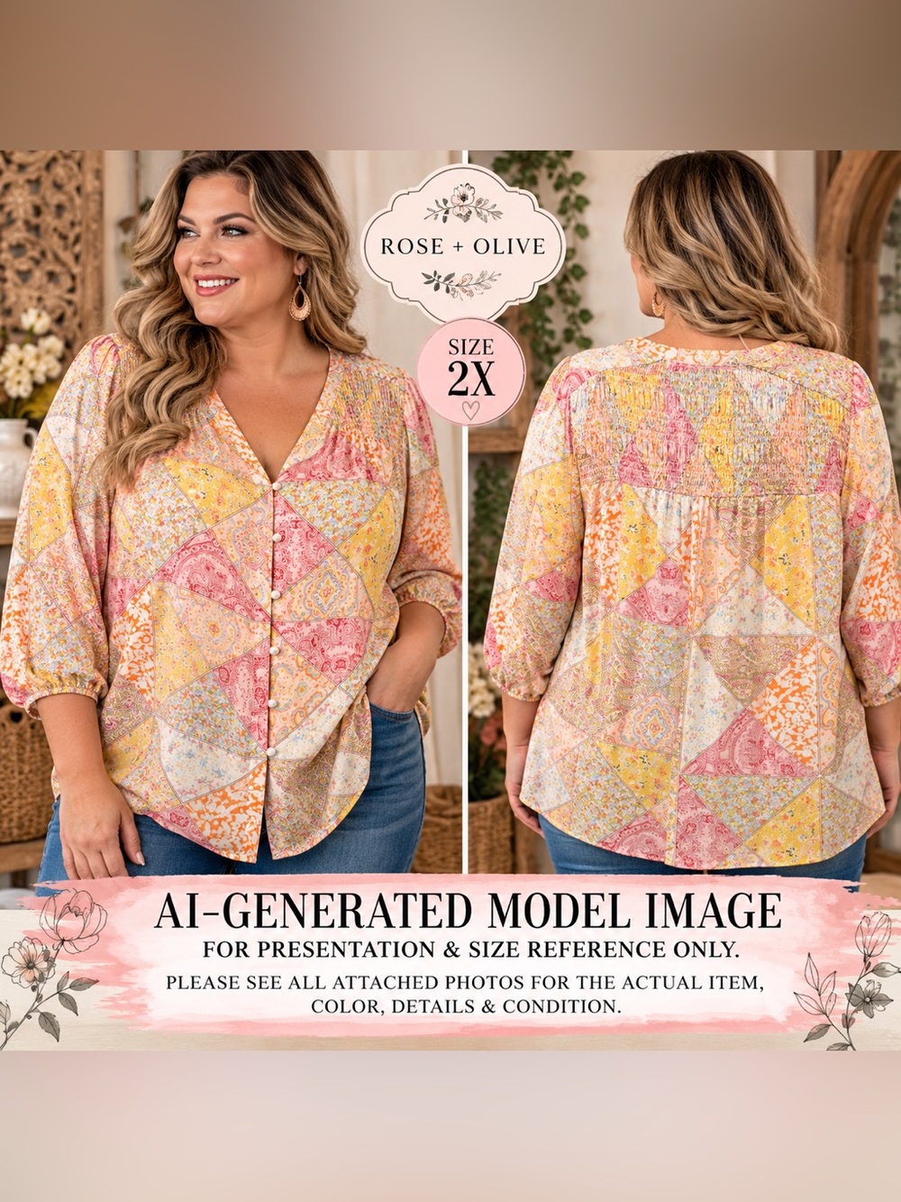 Rose + Olive Patchwork Paisley Boho Blouse 2X